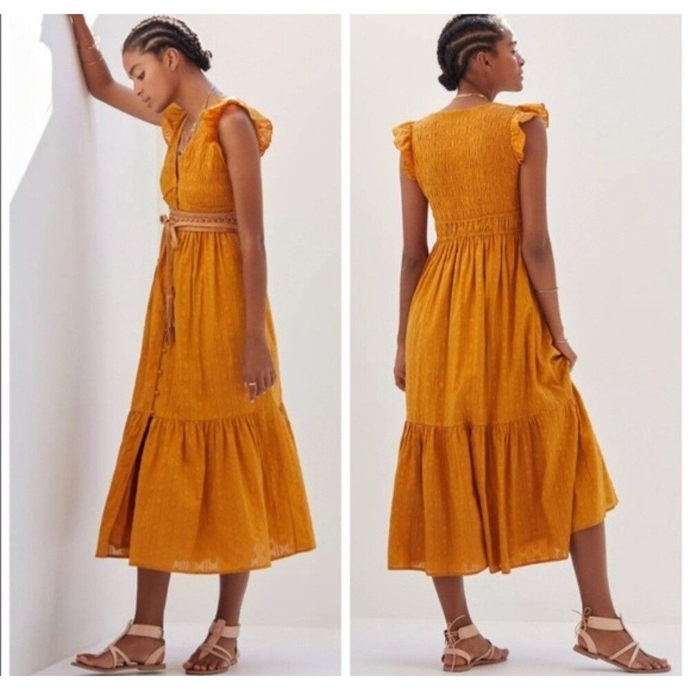 Anthropologie Mustard Yellow Midi Dress with Flutter Sleeves